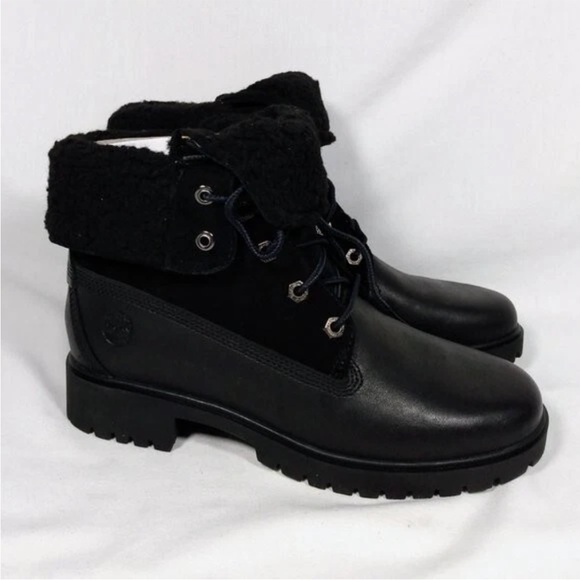 AUTHENTIC LEATHER BLACK TEDDY FLEECE Fold Down TIMBERLAND BOOTS SIZE 8 - - Picture 1 of 8